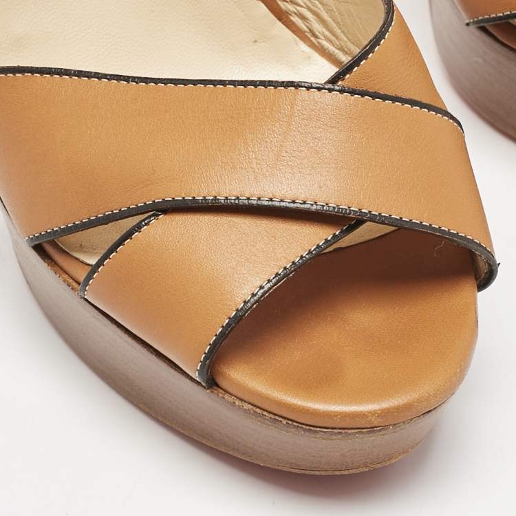 Pre Owned Christian Louboutin Tan Leather Ankle Strap Sandals Size 39