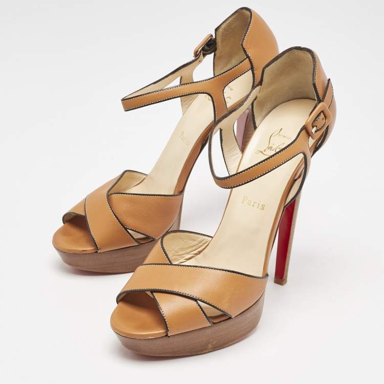 Pre Owned Christian Louboutin Tan Leather Ankle Strap Sandals Size 39