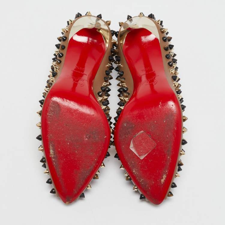 Pre Owned Christian Louboutin Brown Leather Follies Spikes Peep Toe Pumps Size 38.5