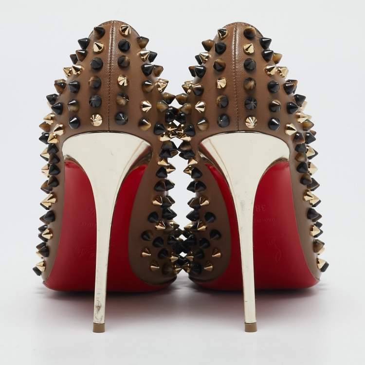 Pre Owned Christian Louboutin Brown Leather Follies Spikes Peep Toe Pumps Size 38.5