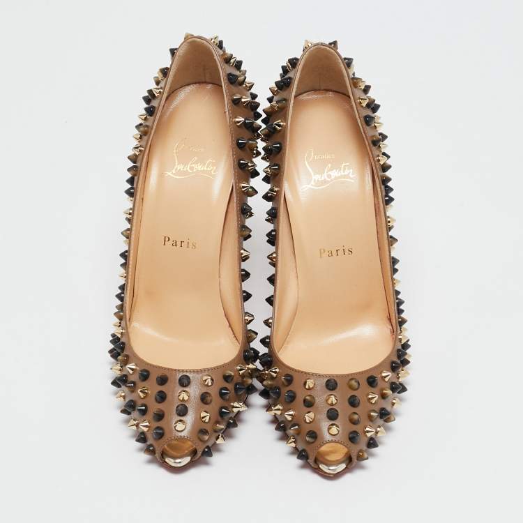 Pre Owned Christian Louboutin Brown Leather Follies Spikes Peep Toe Pumps Size 38.5