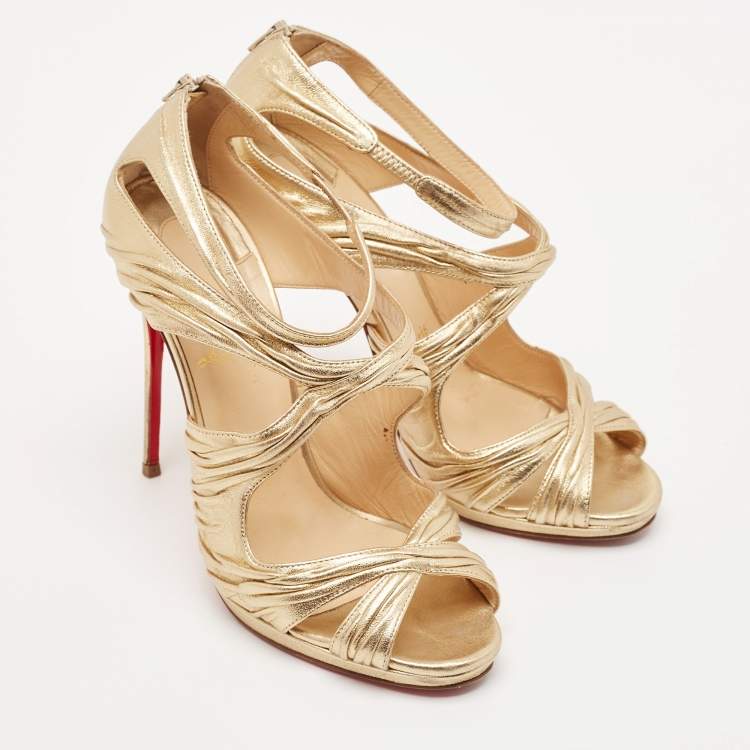 Pre Owned Christian Louboutin Gold Leather Kashou Ankle Strap Sandals Size 38.5