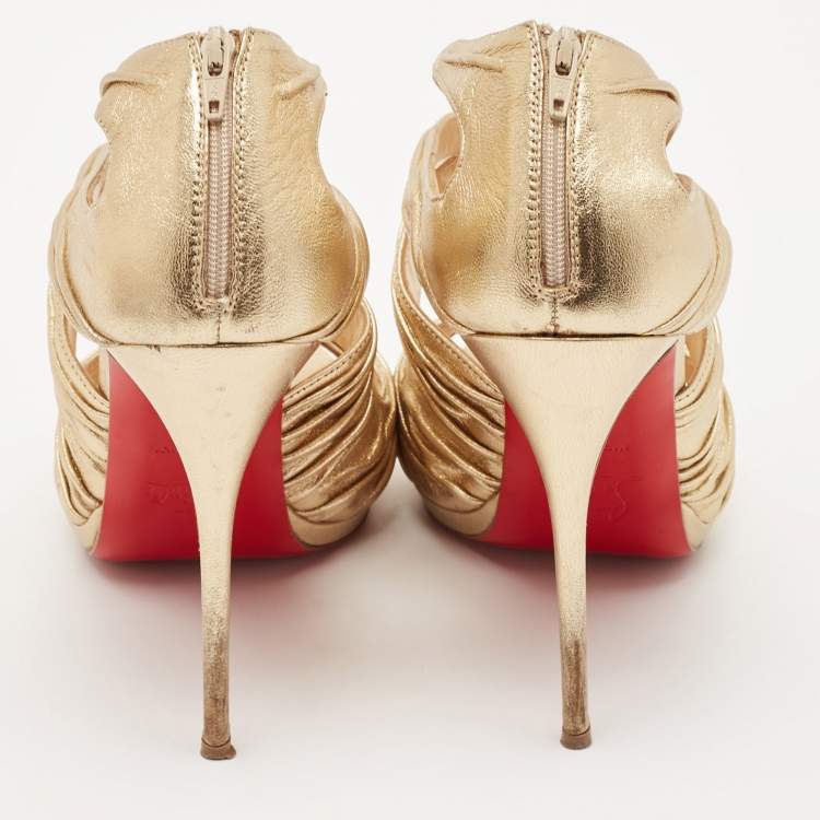 Pre Owned Christian Louboutin Gold Leather Kashou Ankle Strap Sandals Size 38.5