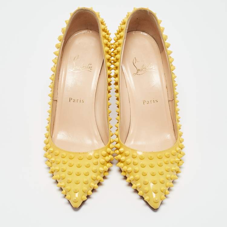 Pre Owned Christian Louboutin Yellow Patent Leather Pigalle Spikes Pointed Toe Pumps Size 39