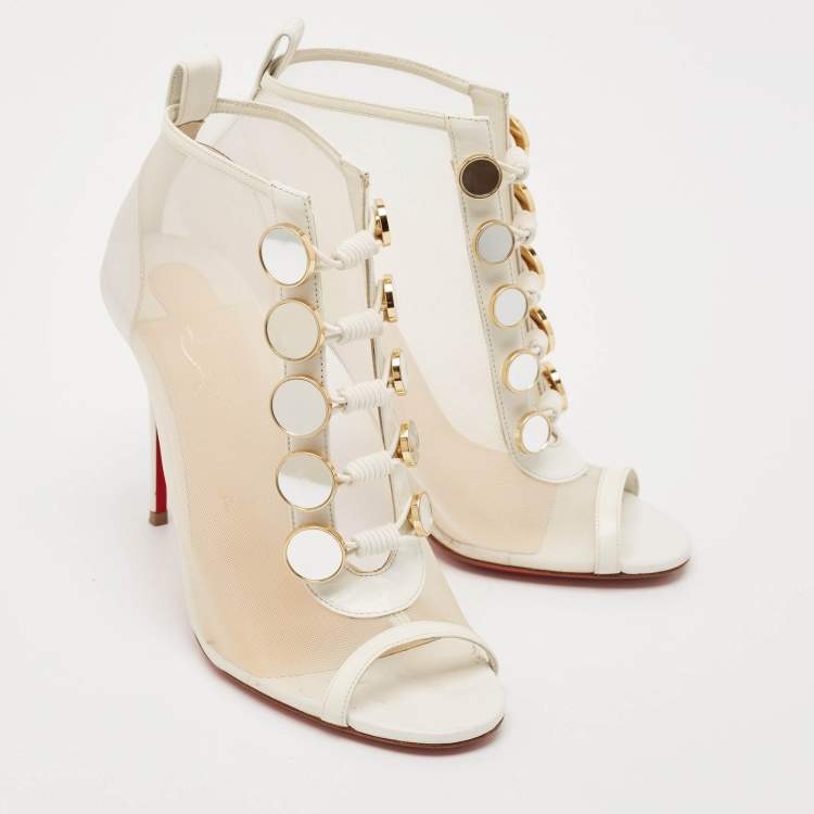 Pre Owned Christian Louboutin White Mesh and Leather Marika Ankle Length Boots Size 36.5