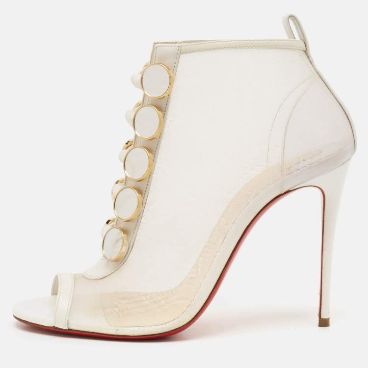 Pre Owned Christian Louboutin White Mesh and Leather Marika Ankle Length Boots Size 36.5