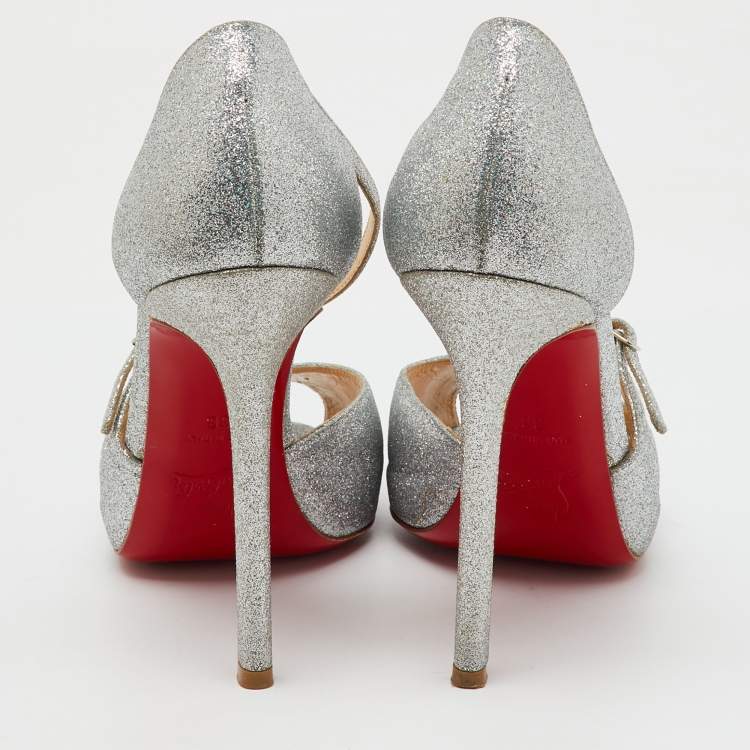 Pre Owned Christian Louboutin Silver Glitter Peep Toe D'orsay Pumps Size 38