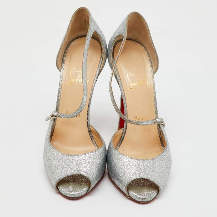 Pre Owned Christian Louboutin Silver Glitter Peep Toe D'orsay Pumps Size 38