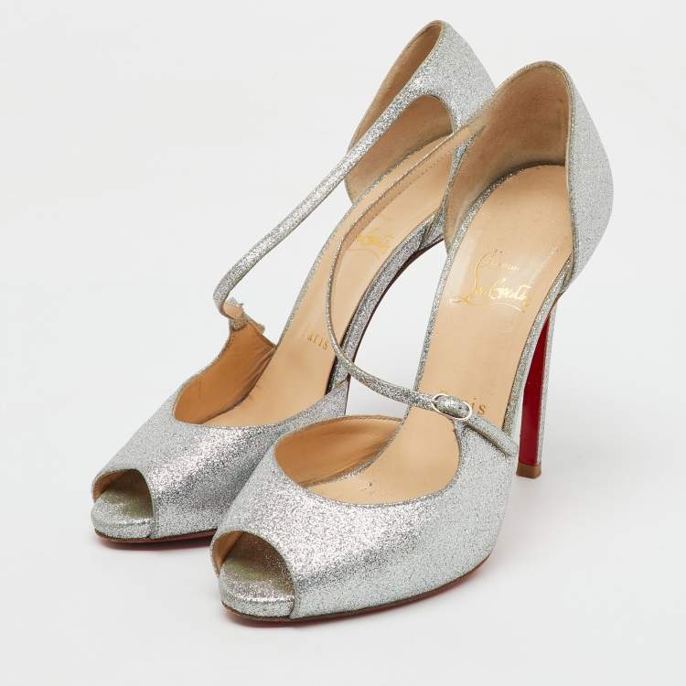 Pre Owned Christian Louboutin Silver Glitter Peep Toe D'orsay Pumps Size 38