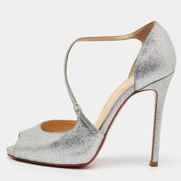 Pre Owned Christian Louboutin Silver Glitter Peep Toe D'orsay Pumps Size 38