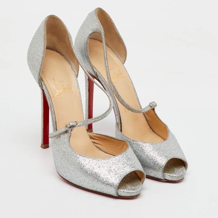 Pre Owned Christian Louboutin Silver Glitter Peep Toe D'orsay Pumps Size 38
