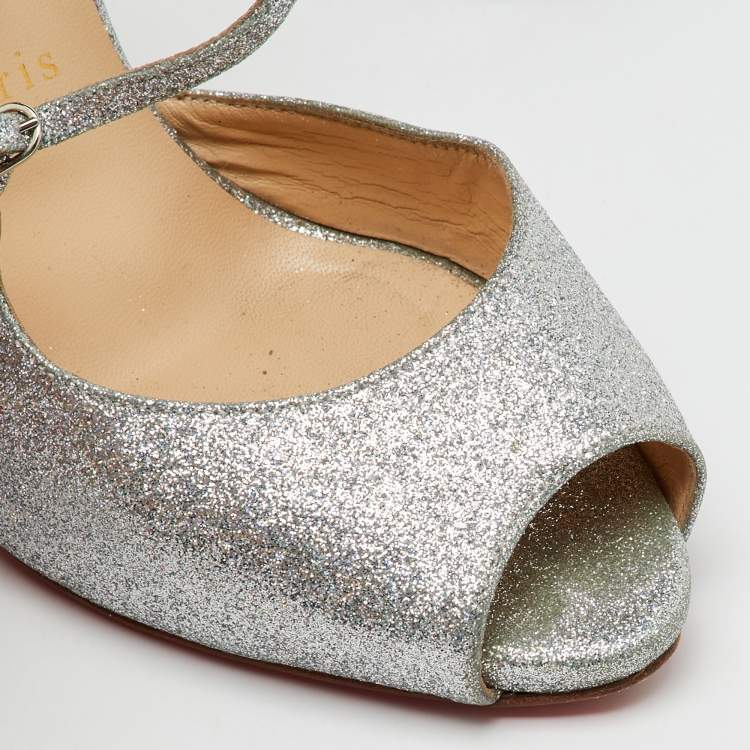 Pre Owned Christian Louboutin Silver Glitter Peep Toe D'orsay Pumps Size 38