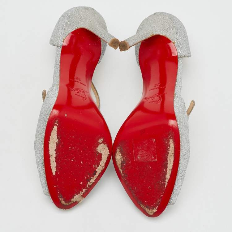 Pre Owned Christian Louboutin Silver Glitter Peep Toe D'orsay Pumps Size 38