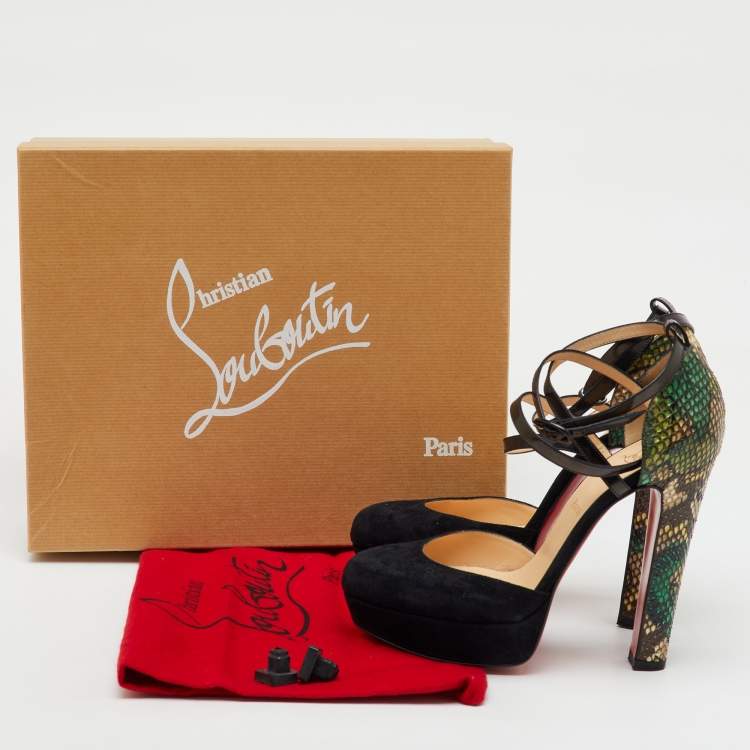 Pre Owned Christian Louboutin Black/Green Suede and Python Ankle Strap Platform Pumps Size 38.5