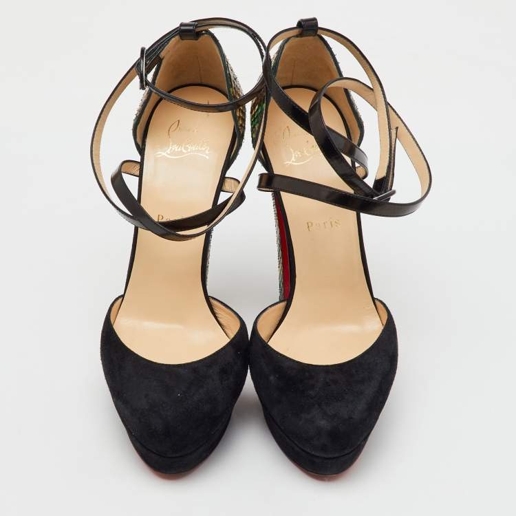 Pre Owned Christian Louboutin Black/Green Suede and Python Ankle Strap Platform Pumps Size 38.5