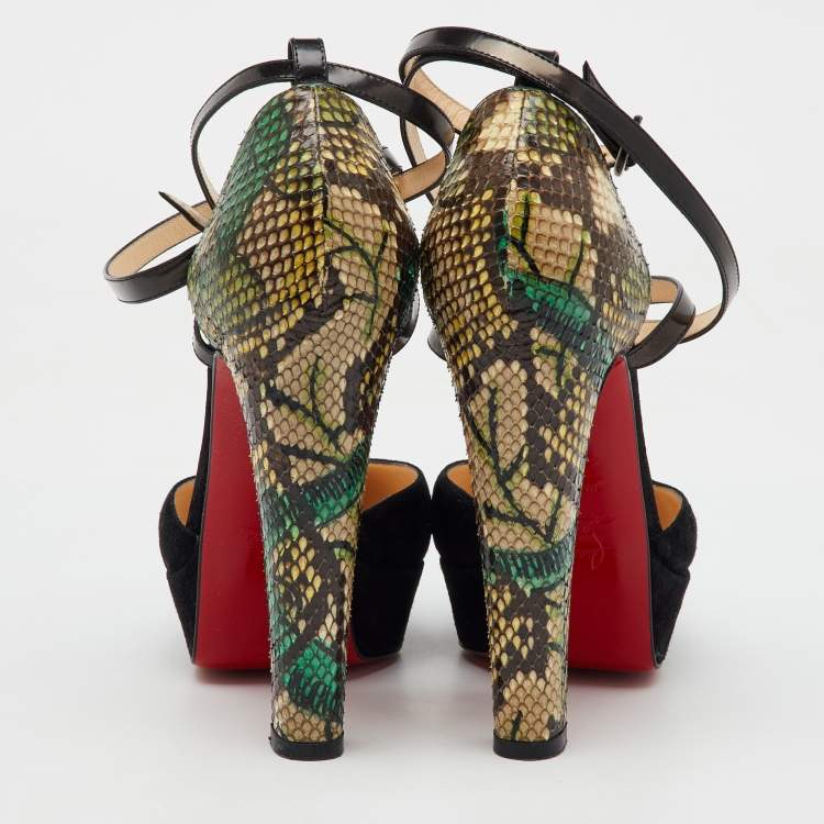 Pre Owned Christian Louboutin Black/Green Suede and Python Ankle Strap Platform Pumps Size 38.5