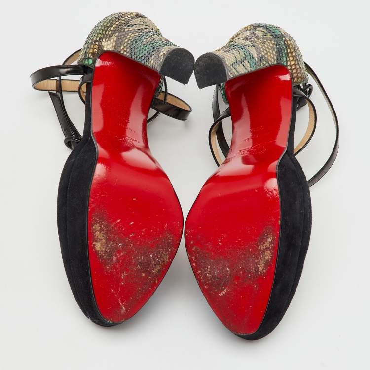 Pre Owned Christian Louboutin Black/Green Suede and Python Ankle Strap Platform Pumps Size 38.5