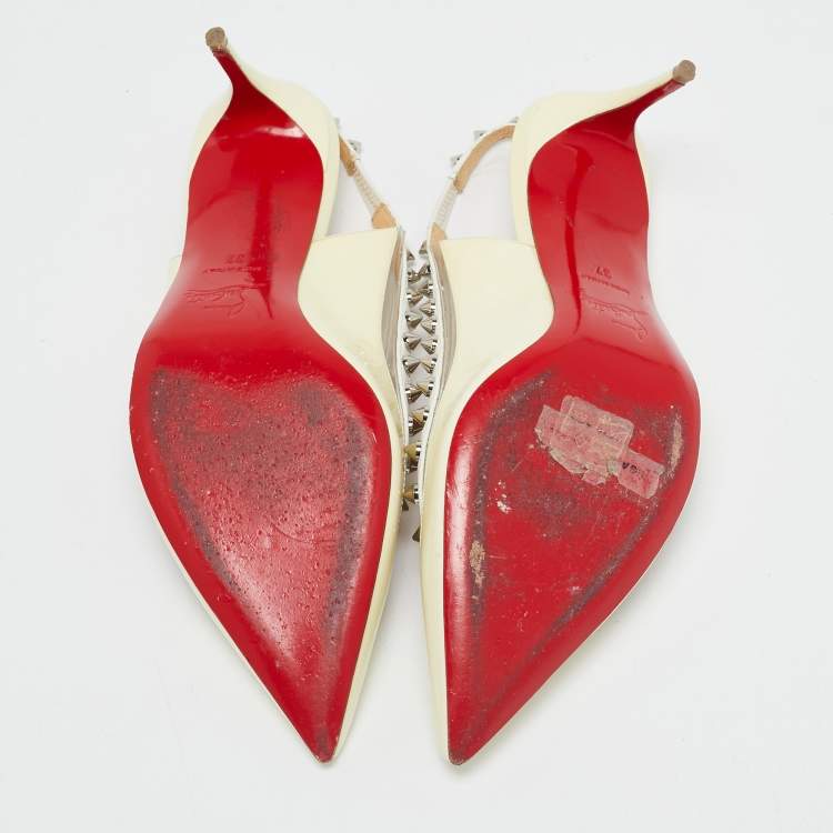 Pre Owned Christian Louboutin Cream/Transparent Patent and PVC Brigandine Spike Slingback Pumps Size 37