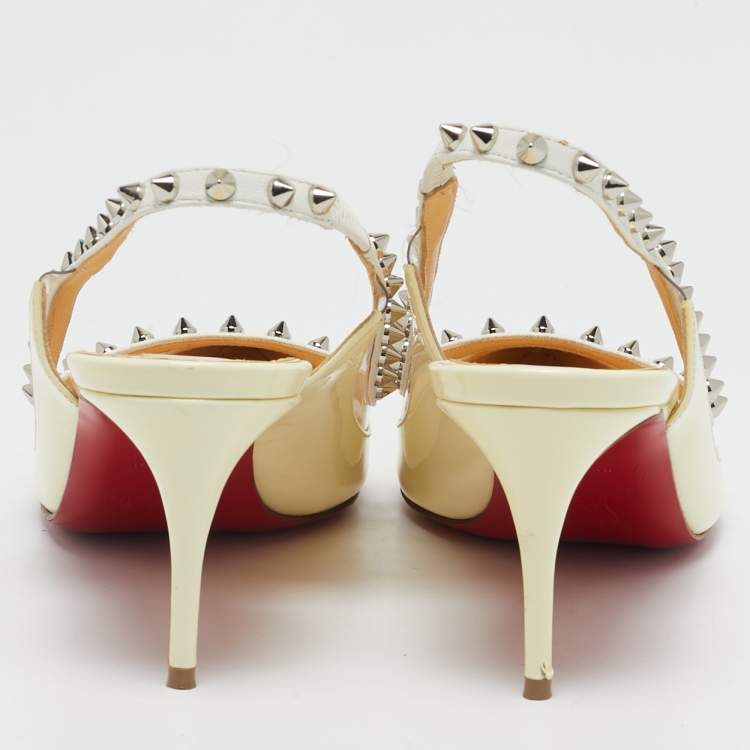 Pre Owned Christian Louboutin Cream/Transparent Patent and PVC Brigandine Spike Slingback Pumps Size 37