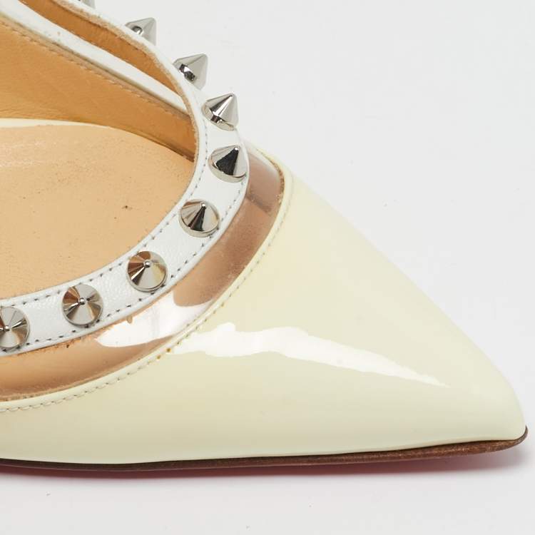 Pre Owned Christian Louboutin Cream/Transparent Patent and PVC Brigandine Spike Slingback Pumps Size 37