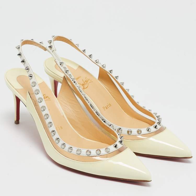 Pre Owned Christian Louboutin Cream/Transparent Patent and PVC Brigandine Spike Slingback Pumps Size 37