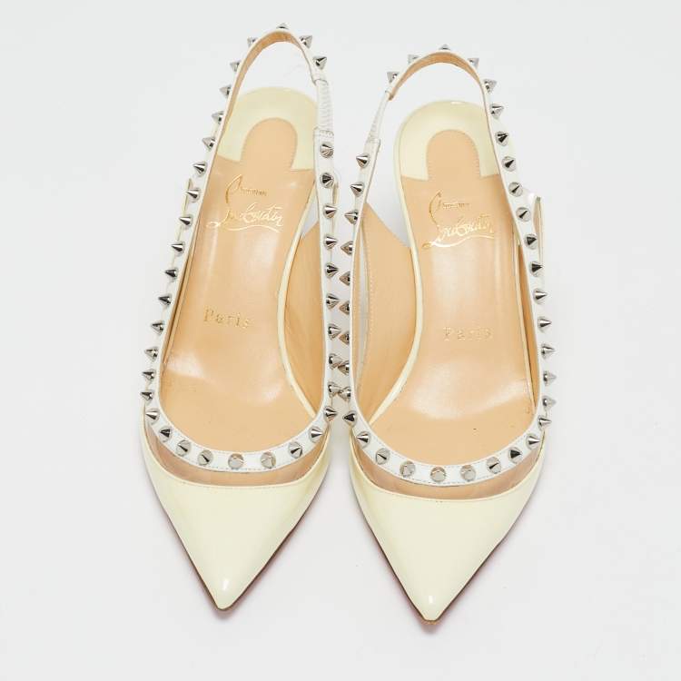 Pre Owned Christian Louboutin Cream/Transparent Patent and PVC Brigandine Spike Slingback Pumps Size 37