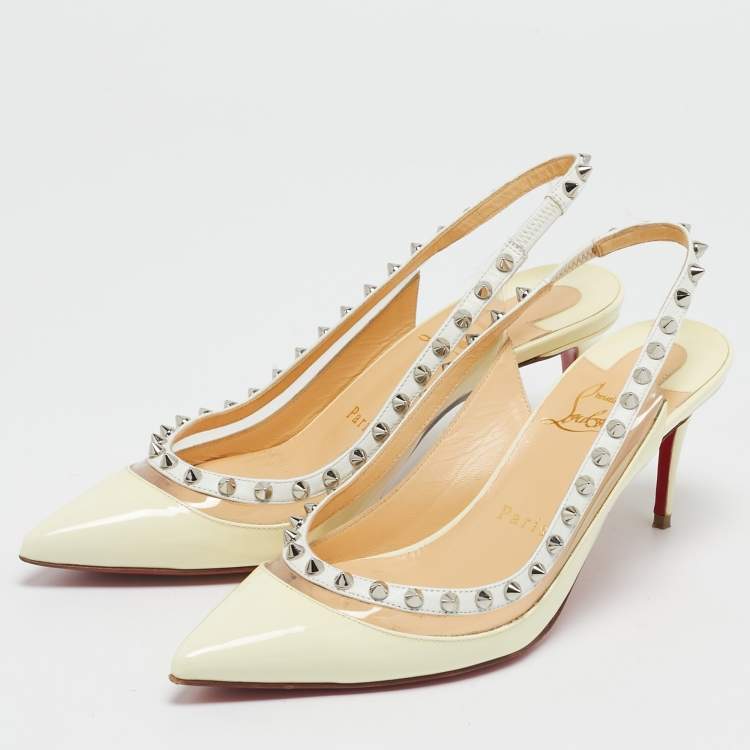 Pre Owned Christian Louboutin Cream/Transparent Patent and PVC Brigandine Spike Slingback Pumps Size 37