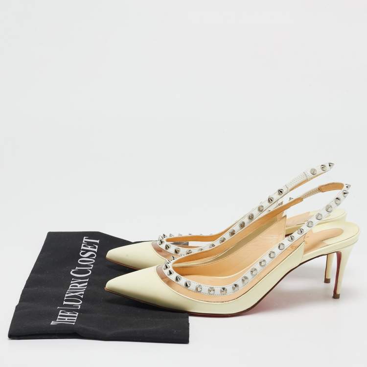 Pre Owned Christian Louboutin Cream/Transparent Patent and PVC Brigandine Spike Slingback Pumps Size 37