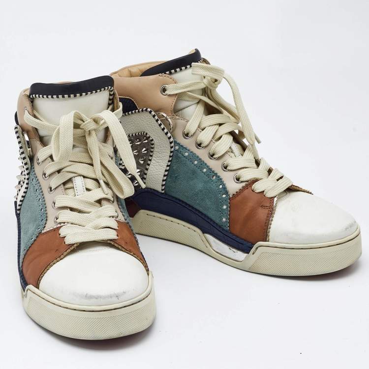 Pre Owned Christian Louboutin Multicolor Leather and Suede Loubikick Spikes Sneakers Size 39