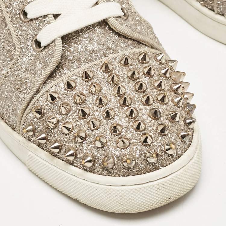 Pre Owned Christian Louboutin Gold Glitter Lou Spikes High Top Sneakers Size 39