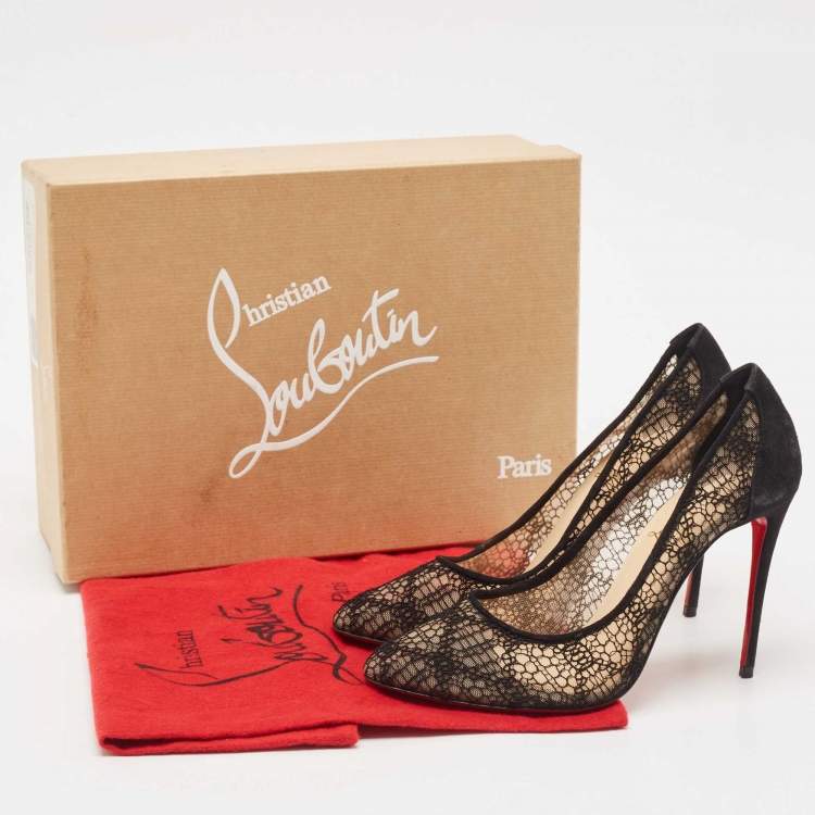 Pre Owned Christian Louboutin Black Lace and Suede Eloise Pumps Size 37
