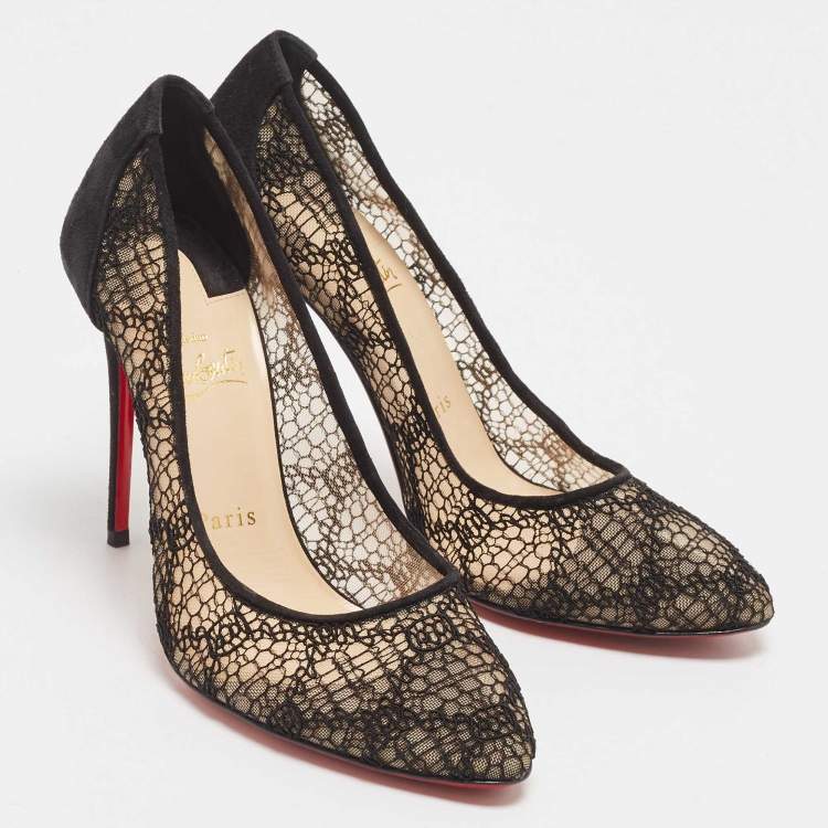 Pre Owned Christian Louboutin Black Lace and Suede Eloise Pumps Size 37