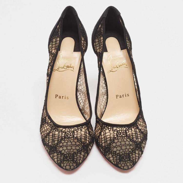 Pre Owned Christian Louboutin Black Lace and Suede Eloise Pumps Size 37