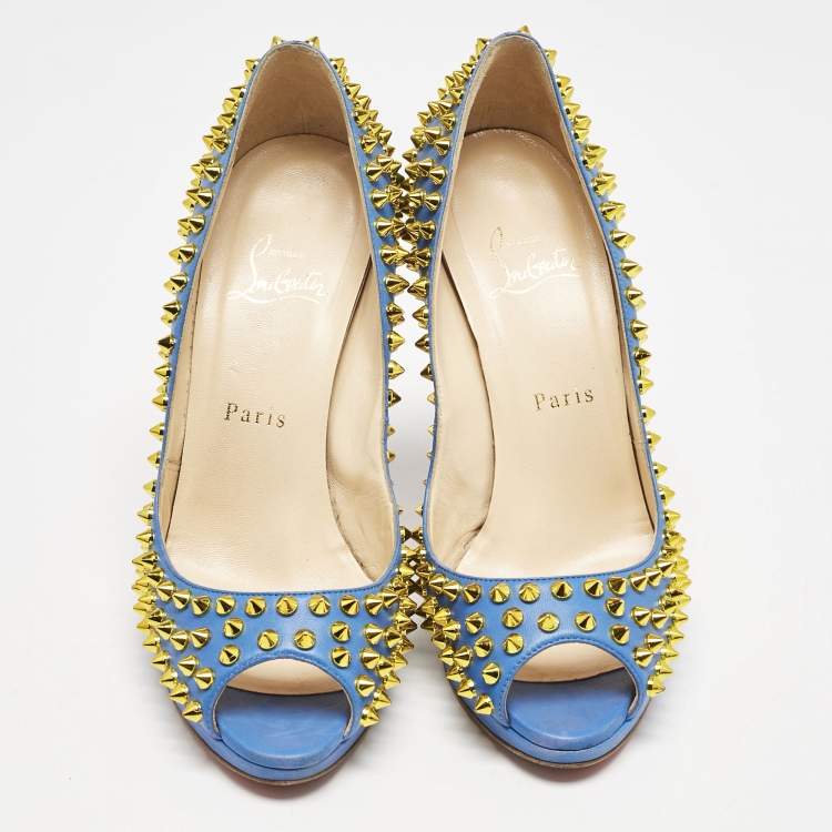 Pre Owned Christian Louboutin Blue Leather Yolanda Peep Toe Pumps Size 38