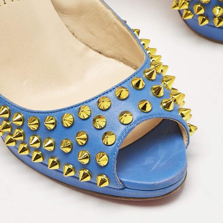 Pre Owned Christian Louboutin Blue Leather Yolanda Peep Toe Pumps Size 38