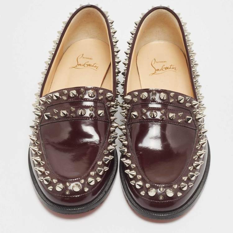 Pre Owned Christian Louboutin Burgundy Leather Spike Embellished Slip On Loafers Size 36.5