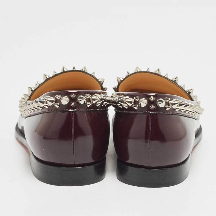 Pre Owned Christian Louboutin Burgundy Leather Spike Embellished Slip On Loafers Size 36.5