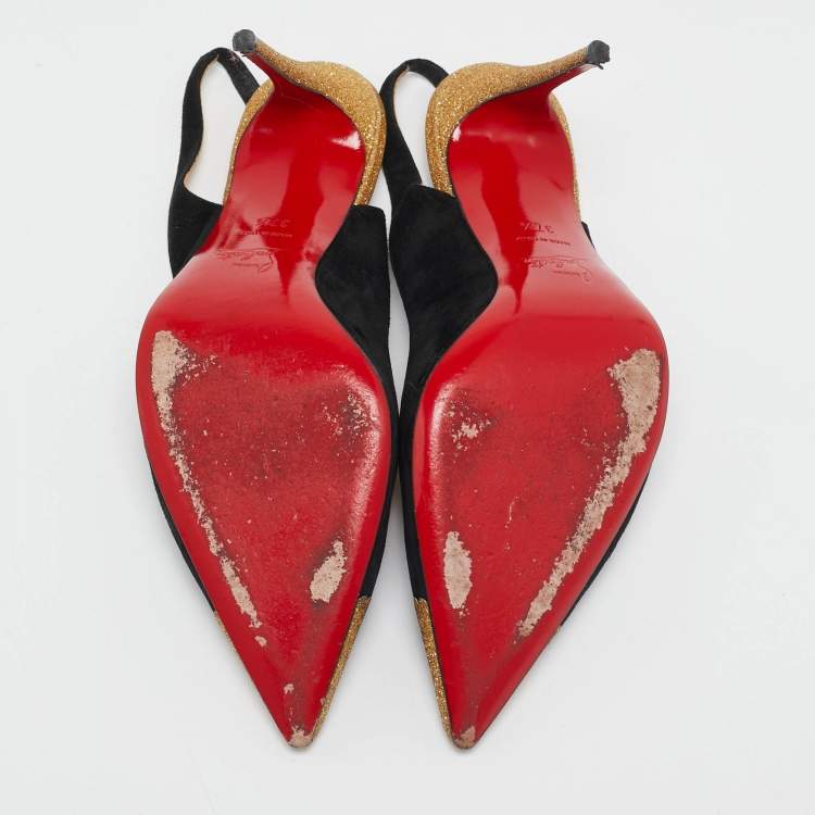 Pre Owned Christian Louboutin Black/Gold Suede and Glitter Almine Slingback Pumps Size 37.5