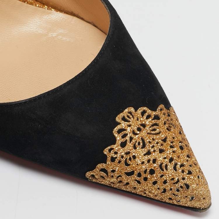 Pre Owned Christian Louboutin Black/Gold Suede and Glitter Almine Slingback Pumps Size 37.5