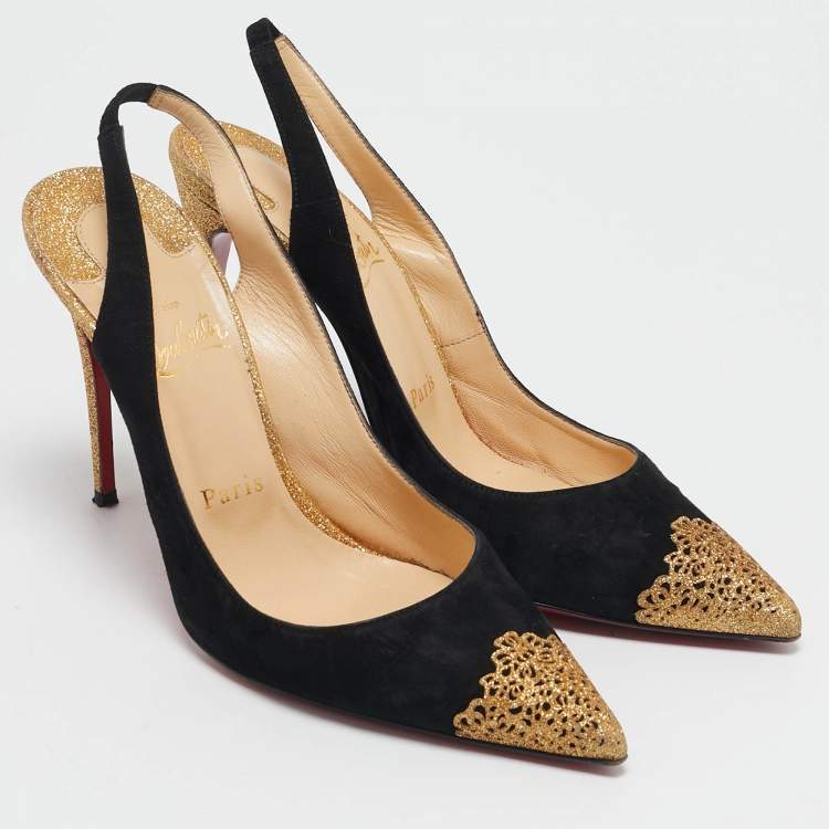 Pre Owned Christian Louboutin Black/Gold Suede and Glitter Almine Slingback Pumps Size 37.5