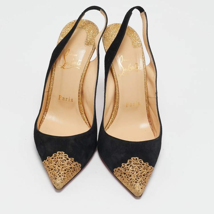 Pre Owned Christian Louboutin Black/Gold Suede and Glitter Almine Slingback Pumps Size 37.5