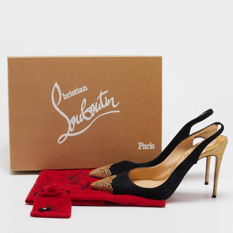 Pre Owned Christian Louboutin Black/Gold Suede and Glitter Almine Slingback Pumps Size 37.5