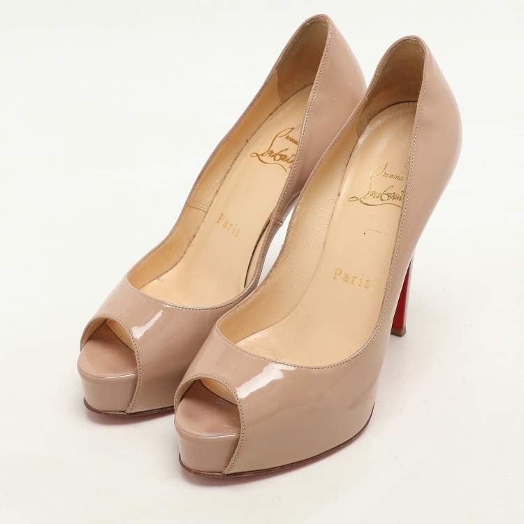Pre Owned Christian Louboutin Beige Patent Leather Lady Peep Toe Pumps Size 35