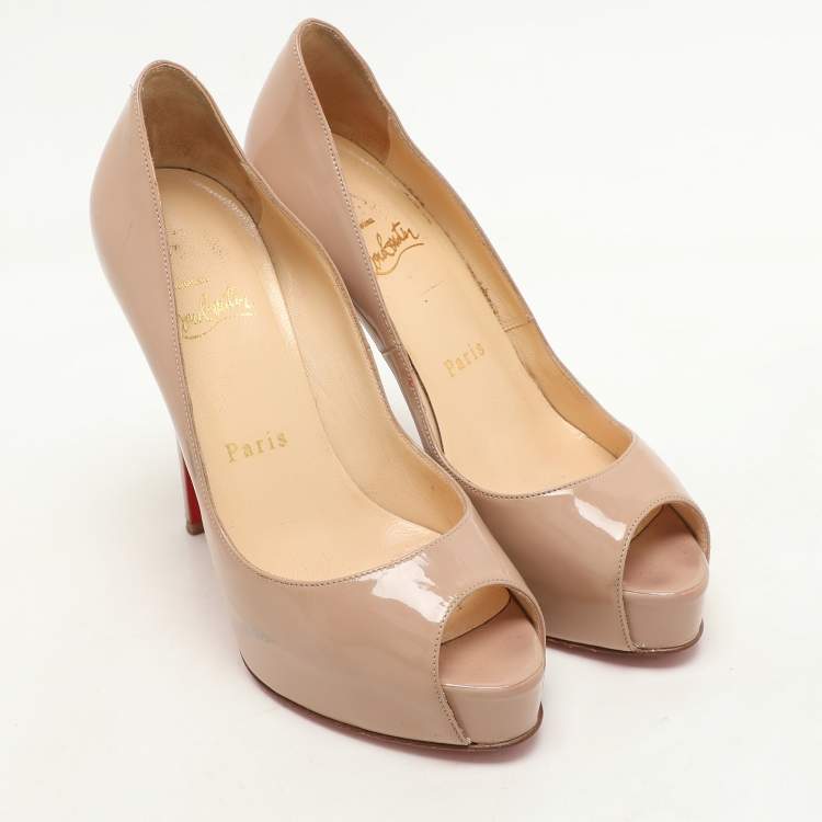 Pre Owned Christian Louboutin Beige Patent Leather Lady Peep Toe Pumps Size 35