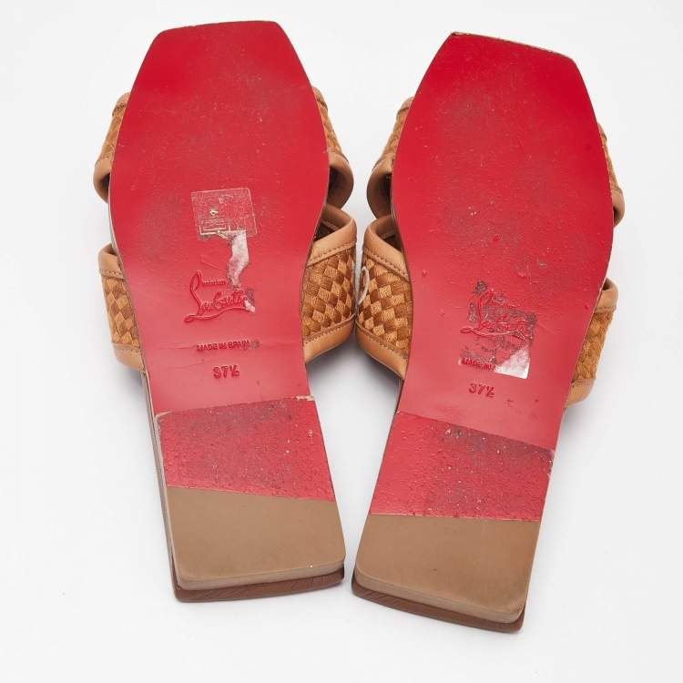 Pre Owned Christian Louboutin Brown Logo Canvas and Leather Crossimule Flat Slides Size 37.5