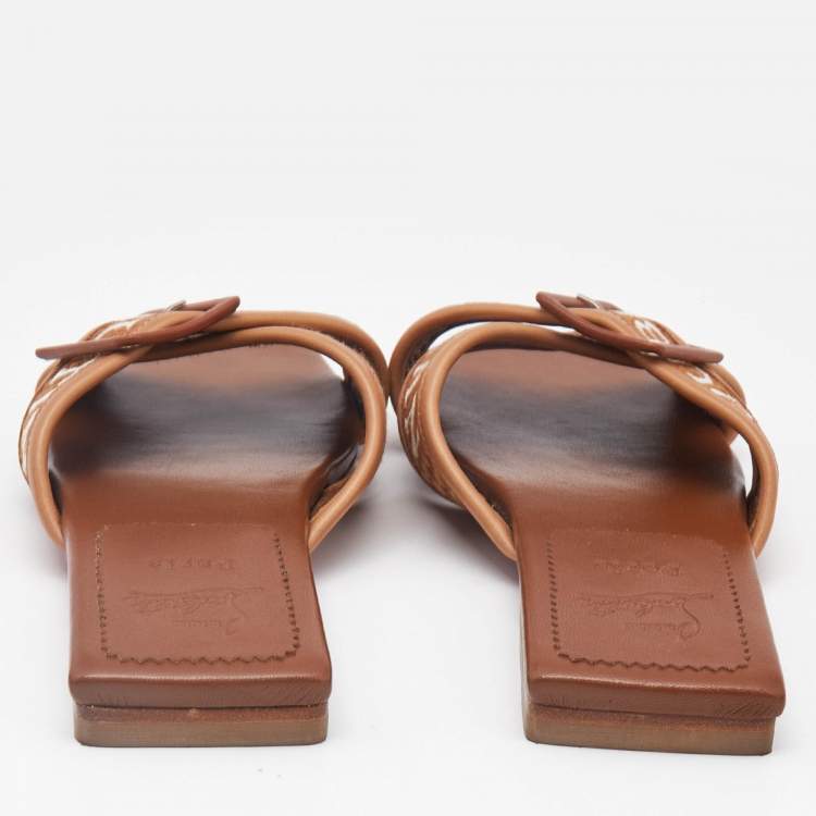 Pre Owned Christian Louboutin Brown Logo Canvas and Leather Crossimule Flat Slides Size 37.5
