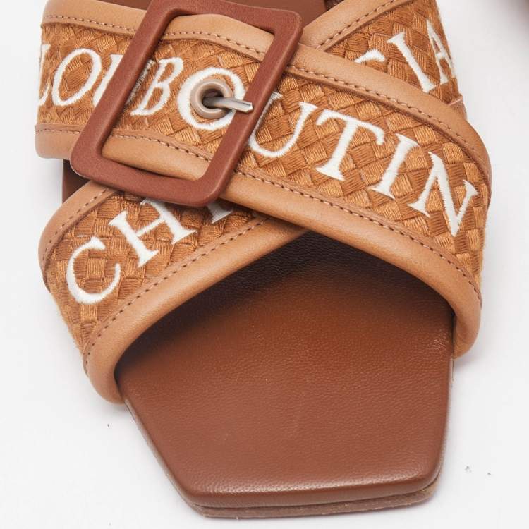 Pre Owned Christian Louboutin Brown Logo Canvas and Leather Crossimule Flat Slides Size 37.5
