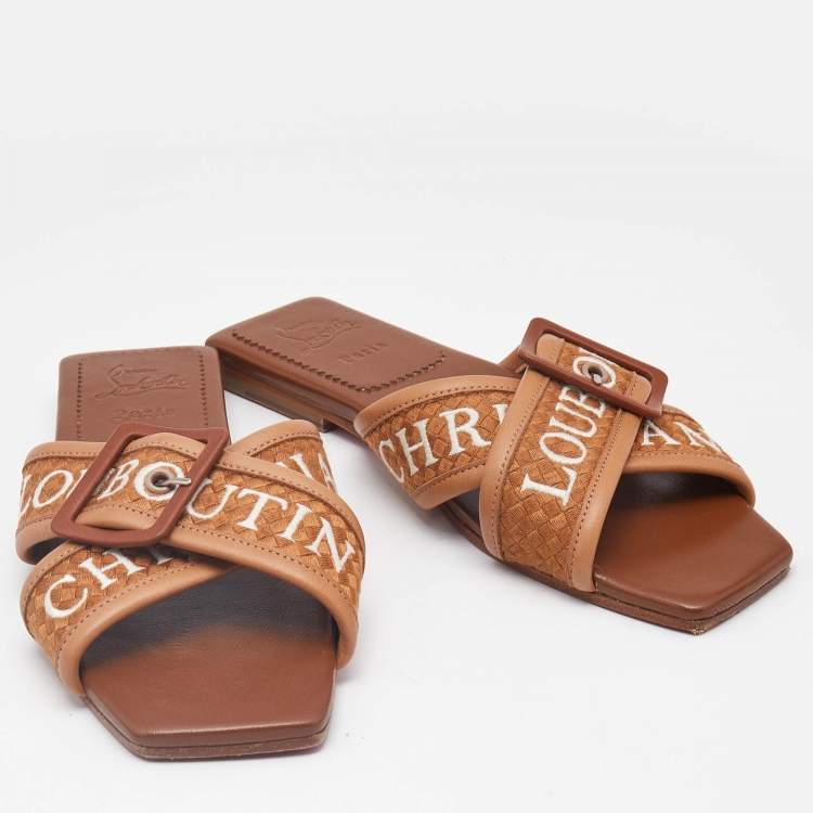 Pre Owned Christian Louboutin Brown Logo Canvas and Leather Crossimule Flat Slides Size 37.5