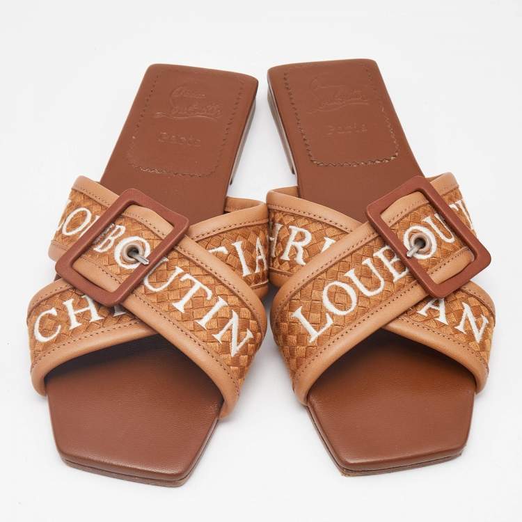 Pre Owned Christian Louboutin Brown Logo Canvas and Leather Crossimule Flat Slides Size 37.5