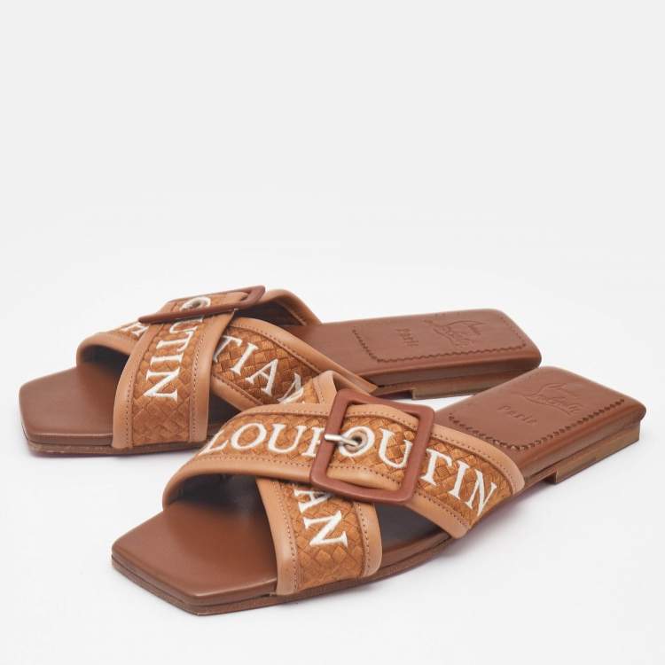 Pre Owned Christian Louboutin Brown Logo Canvas and Leather Crossimule Flat Slides Size 37.5